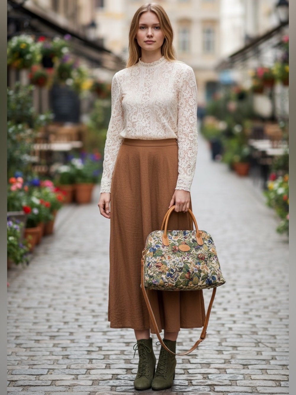 Multicolor Floral Tapestry Satchel with Tan Leather Handles